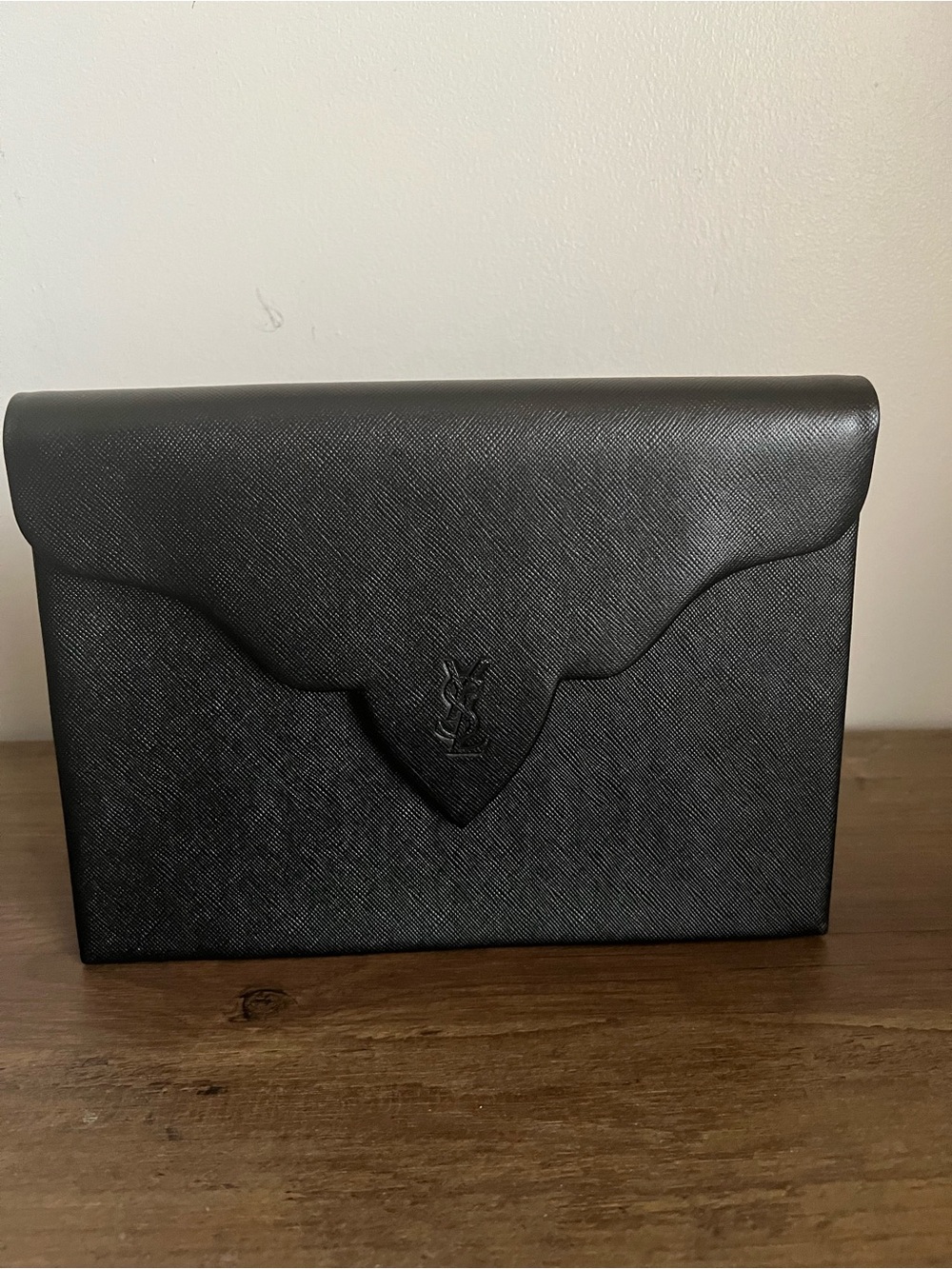 Saint Laurent Black Textured Leather Envelope Wristlet Clutch